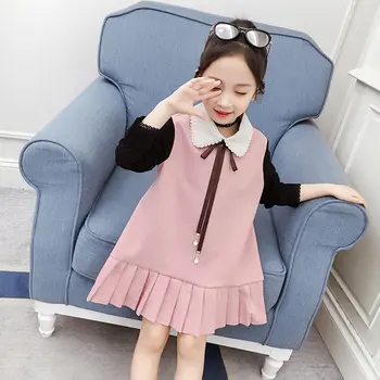 Детское осеннее плиссированное платье с длинным рукавом для девочек, Корейское стильное платье принцессы, Бархатное Розовое плиссированное платье с воротником 