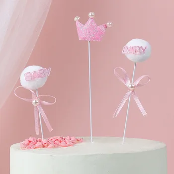 1 комплект, для вечеринки в честь дня рождения, детские коронки для кексов, Украсьте детские сувениры на День рождения, синие Розовые топперы для торта с палочками