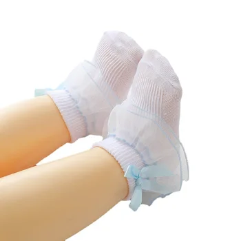 10 Пар /лот, Весенне-летние модные детские Двойные кружевные носки по щиколотку, хлопковые однотонные носки с бантом для новорожденных девочек, Аксессуары для младенцев