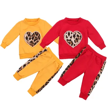 2 шт. детская весенне-осенняя одежда, топ с длинными рукавами и принтом в виде сердца из жемчуга и леопарда + длинные штаны, наряд для детей, мальчиков, девочек