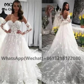 2021 Белые свадебные платья со Съемными рукавами Кружевные аппликации Плюс Размер Свадебных платьев Милая Свадебное платье без спинки для женщин
