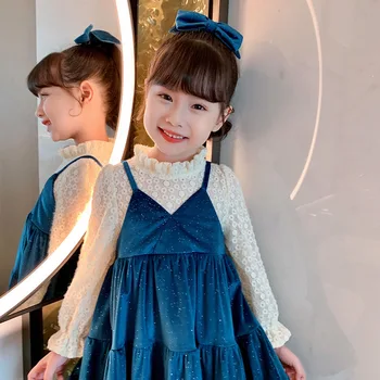 2021 Новое весенне-осеннее платье для девочек, кружевная рубашка с длинными рукавами, поддельное платье принцессы из двух частей для девочек, подарок на день рождения
