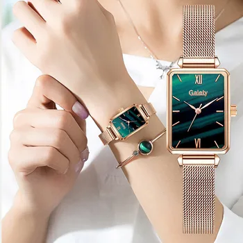 2022 New Women Watches Quartz Watch Bracelet Set Green Dial-Simple Rose Gold Mesh Luxury часы женские наручные montre femme