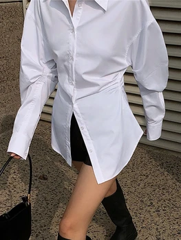 2022 Модная Элегантная Женская рубашка с высокой талией, Женская однобортная блузка с длинным рукавом и лацканами, Весенне-осенние повседневные однотонные топы
