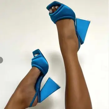 2022 новые женские роскошные хлопковые лоскутные сандалии на треугольном каблуке, толстый каблук, очень высокий каблук, сандалии на высоком каблуке с квадратным носком