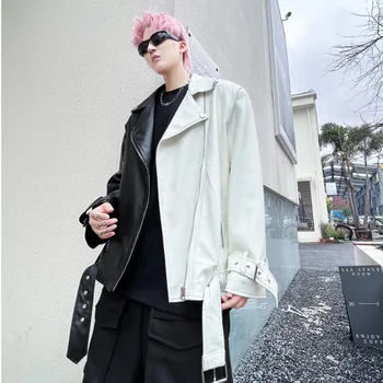 2022 Осень Зима Черно белая модная кожаная куртка в стиле пэчворк Мужские куртки и пальто в стиле харадзюку, панк, уличный Хип-хоп