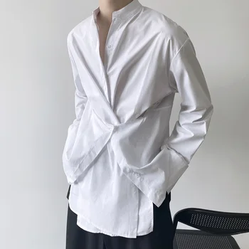 2022 Осень Корейский стиль Уникальные рубашки со стоячим воротником мужские повседневные свободные белые рубашки M-XL