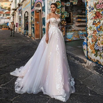 2023 Великолепные иллюзионные свадебные платья из тюля с кружевными аппликациями, летнее свадебное платье трапециевидной формы с открытыми плечами, Vestido De Noiva