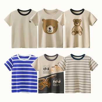 2023 Детские футболки с изображением медведей и животных, футболки, одежда для мальчиков из 100% хлопка, детский повседневный спортивный топ в полоску с коротким рукавом