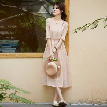 2023 китайское улучшенное платье чонсам женское изящное хлопчатобумажное льняное платье ципао винтажное платье с вышивкой для путешествий со средними рукавами