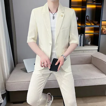 2023 Мужской облегающий дышащий костюм в корейском стиле с короткими рукавами, укороченные брюки, комплект из двух предметов