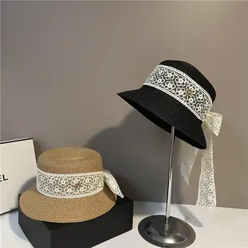 2023 Новая летняя соломенная шляпа для женщин, элегантная длинная кружевная лента, дизайн в винтажном стиле, солнцезащитная шляпа с широкой стороной, пляжная шляпа для отдыха с защитой от ультрафиолета