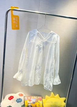 2023 Новые Весенне-летние женские блузки с длинным рукавом, Элегантные Свободные рубашки с цветочной вышивкой, универсальные открытые топы средней длины