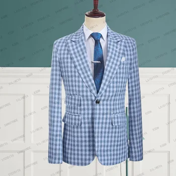 2023 Новые Модные мужские Летние Деловые Льняные костюмы в британском стиле Синий Reto Классический Клетчатый мужской пиджак для свадебной вечеринки, Блейзеры, пальто