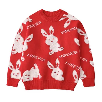 2023 Одежда для маленьких мальчиков и девочек, детский свитер, весна-осень, свитера с длинными рукавами и принтом красного и черного кролика, пальто, детский костюм
