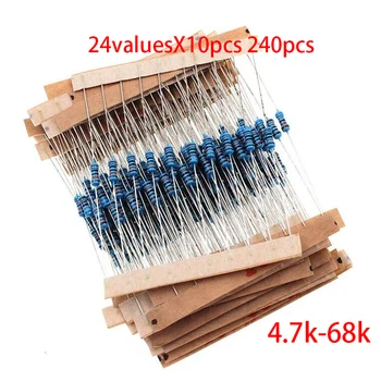 24valuesX10pcs 240pcs 1/4 Вт 0,25 Вт 1% Комплект компонентов для металлического пленочного резистора 4,7 к-68 К