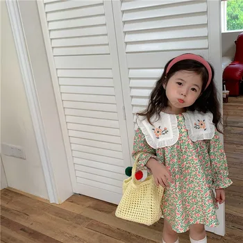 4857C Корейское детское платье 2023 Весна осень Новое платье для девочек с вышивкой и воротником, милое платье принцессы в цветочек