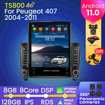 4G LTE Вертикальный Tesla Style Android 11 128G Автомобильный радиоприемник, Мультимедийный видеоплеер для Peugeot 407 1 2004 - 2011 GPS-навигация