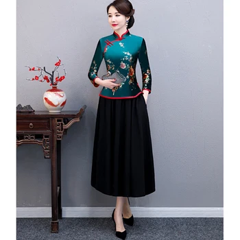 5XL Топы оверсайз Женская велюровая рубашка Осенняя винтажная блузка в китайском стиле с цветочным рисунком Женская свадебная одежда Традиционная блузки