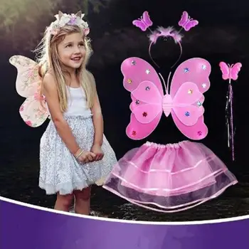 85 ФУНТОВ 4 шт. Набор двухслойных крыльев бабочки с подсветкой для девочек, нерегулярная многоуровневая сетчатая юбка-пачка, повязка на голову с волшебной палочкой, праздничный костюм принцессы