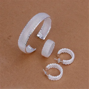 925New набор ювелирных изделий серебряного цвета В европейском стиле изысканная сетка с круглыми отверстиями браслет кольцо Серьги гвоздики S249