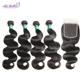 Ali Grace Hair Перуанская объемная волна с застежкой из 100% человеческих волос Remy, 4 пучка с кружевной застежкой 4x4, Прозрачное кружево