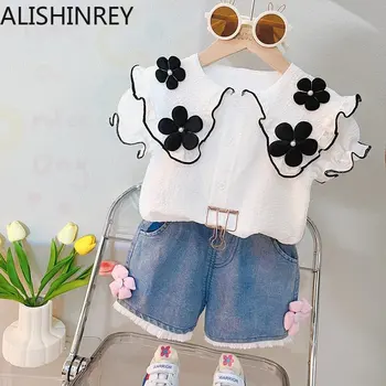 ALISHINREY Летние комплекты одежды для девочек с маленьким цветком 2023, новый модный стиль, детская одежда, футболка, короткий детский костюм