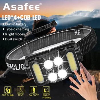 Asafee COB LED, Налобный фонарь с сильным светочувствительностью, Регулируемый Головной фонарь TYPE-C, Фонарь для ночной езды, Альпинизма, Рыбалки.
