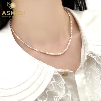 ASHIQI Нерегулярное ожерелье из стерлингового серебра 925 Пробы с натуральным пресноводным жемчугом Модные украшения для женщин
