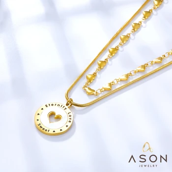 ASONSTEEL Выдалбливают круглую форму Аксессуара в виде сердца В виде ракушки, многослойные цепочки, ожерелье золотого цвета из нержавеющей стали для женщин, модные