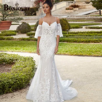 BONJOURY Винтажные свадебные платья Русалка для женщин 2023 Невесты с аппликацией без спинки и коротким рукавом на заказ Vestido De Novia