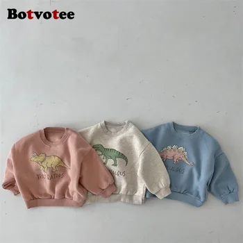 Botvotee 2023 Осенние толстовки для детей, Корейские толстовки с длинными рукавами для маленьких мальчиков, детский пуловер с динозавром для малышей, белая толстовка