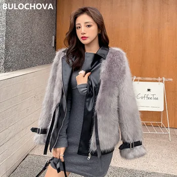 BULOCHOVA Высококачественное шерстяное пальто из искусственного меха в стиле пэчворк, женская модная толстая мотоциклетная куртка, женская свободная верхняя одежда на зиму