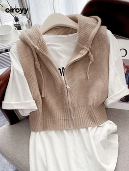 Circyy Укороченный свитер, женский кардиган, укороченный топ с капюшоном, Модный вязаный весенне-осенний жилет без рукавов для девочек Y2k, уличная одежда, жилет на молнии