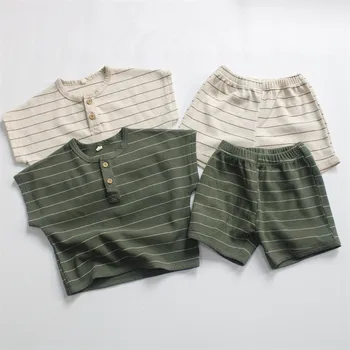 deer jonmi 2023 Летняя одежда в полоску для маленьких мальчиков в корейском стиле, футболки с короткими рукавами, Шорты, 2 предмета для малышей, повседневные свободные комплекты для малышей