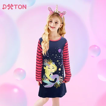 DXTON, Зимние хлопковые платья для малышей для девочек, Детское платье в полоску с длинным рукавом, повседневное платье-русалка с аппликацией для маленьких девочек