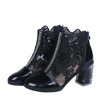 HUAXI, женские сетчатые черные ботильоны, женские летние ботинки на высоком каблуке с квадратными кристаллами, сандалии, женские сексуальные кружевные ботинки с круглым носком.