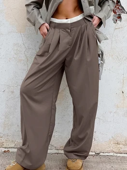 Jyate 2023 Летние коричневые женские брюки в офисном стиле, модные однотонные женские прямые Элегантные брюки, тонкие длинные широкие брюки