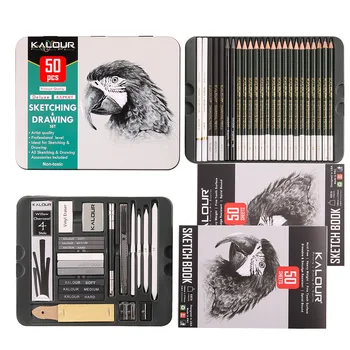 KALOUR 50 упаковок набора для рисования Sketch Kit, Принадлежности для рисования с блокнотом на 100 Листов, Графитовые и Угольные Карандаши, Точилка
