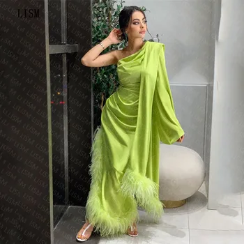 LISM Зеленые атласные перья, футляр на одно плечо, Специальные вечерние платья чайной длины с длинными рукавами, Элегантное вечернее платье, Новинка