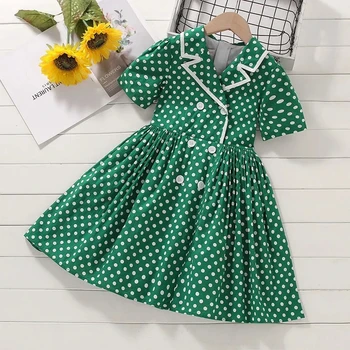 Melario, Новые летние платья для девочек, зеленое платье в горошек с коротким рукавом, отложной воротник, двубортное платье для девочек, детская одежда