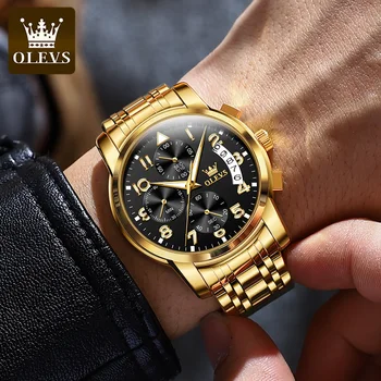 OLEVS 2879 кварцевые водонепроницаемые мужские наручные часы, спортивный ремешок из нержавеющей стали, многофункциональные мужские часы со светящимся хронографом