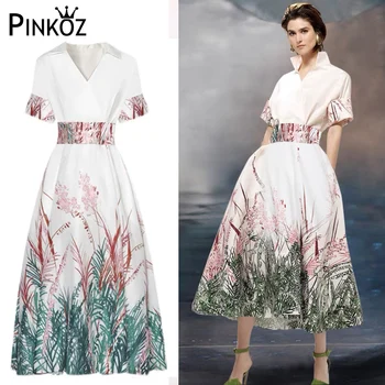 Pinkoz взлетно-посадочная полоса дизайнерское Эстетичное вечернее платье макси с цветочным принтом для женщин с высоким поясом и бантом элегантное платье в английском стиле traf