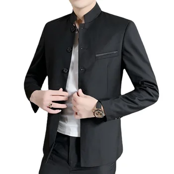 Qj Cinga Брендовый Мужской деловой пиджак для банкета и вечеринки, новинка 2023, однотонный блейзер с воротником-стойкой, Мужская одежда в китайском стиле