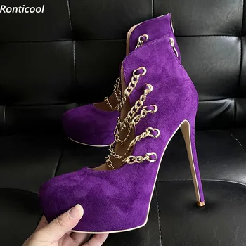 Ronticool, Новое поступление, женские туфли-лодочки на платформе, пикантные туфли-цепочки на шпильке с круглым носком, фиолетовые вечерние туфли, женские США, Большие размеры 5-20