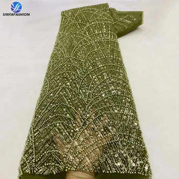 Sinya Высококачественная кружевная ткань ручной работы, расшитая бисером, Роскошная оливково-зеленая вышивка, французское кружево, свадебное платье, свадебный тюль, сетчатый текстиль.