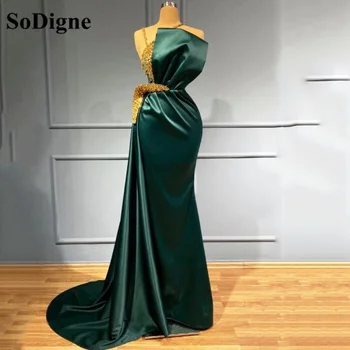 SoDigne Изысканные Зеленые Атласные платья Русалки для выпускного вечера, расшитые золотыми блестками, Складки Dimond, вечерние платья длиной до пола, вечерние платья 2022 г.