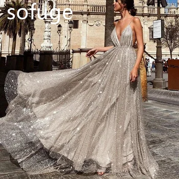 Sofuge ad921 Роскошное тюлевое платье знаменитости, вечернее платье с открытой спиной, Придворный шлейф, глубокий V-образный вырез, платье принцессы на бретельках-Трапеции