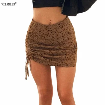 VIIANLES Женские Летние леопардовые юбки с разрезом 2021 Кофейная мода Короткая юбка Сексуальная женщина Облегающая женская одежда с высокой талией и завязками
