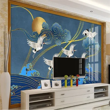 wellyu Изготовленная на заказ крупномасштабная фреска новый китайский свет роскошные золотые рельефные линии морская волна кран журавль прилив фоновые обои